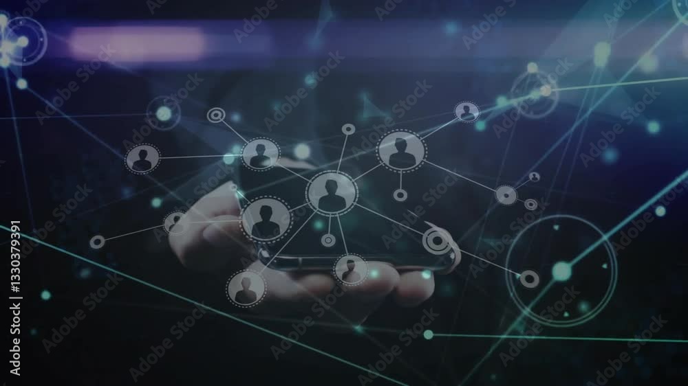 Poster network of connections and data processing animation over hand in dark background