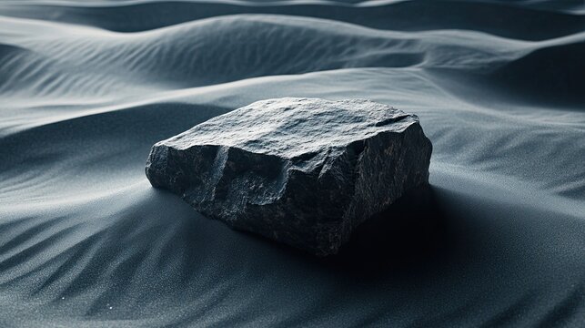 Podium stone in abstract desert background. Staging for product advertising. Dark gray sand background. Top-down view, overhead camera angle