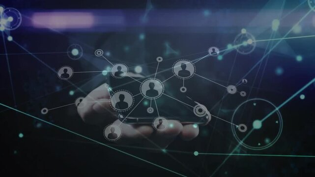 Network of connections and data processing animation over hand in dark background