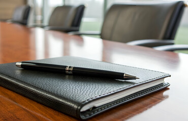 Elegant black notebook and pen on polished wooden table in modern corporate setting, ideal for business meetings and professional discussions