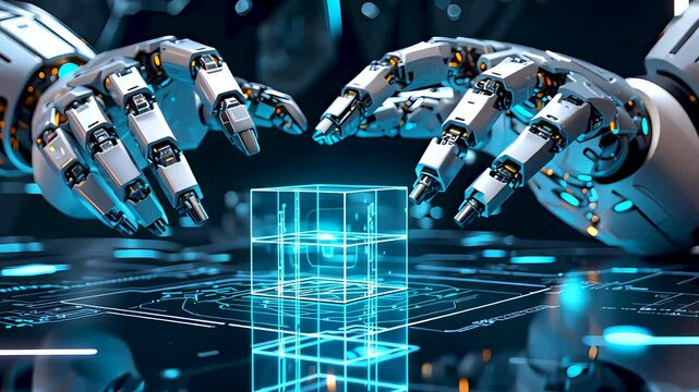 Robotic Hands Handling a Digital Data Cube in a High-Tech AI-Driven Cybernetic Environment Focused on Future Technology
