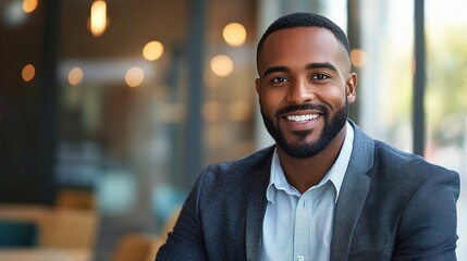 Obraz premium Confident African American Businessman Smiling in Modern Office Setting