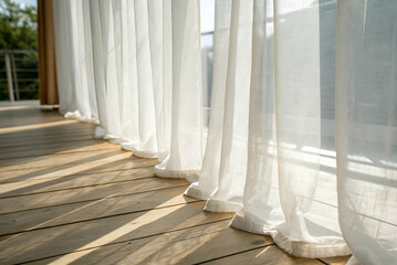 Soft, Flowing Curtains Draped Gracefully Along Natural Wood Floor, Bathed in Warm Sunlight with Shadows Creating a Serene Atmosphere