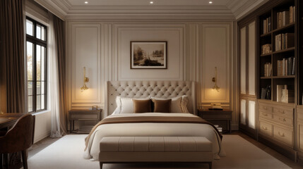 A master bedroom interior with white and wooden walls, a king-size bed, a bookcase, and a square mock-up poster. 3D rendering