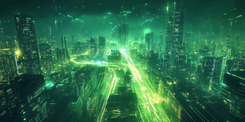 An illuminated city rendered in shades of green and black