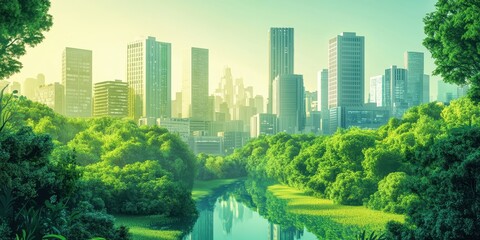 Fototapeta premium A green landscape with a city skyline in the background