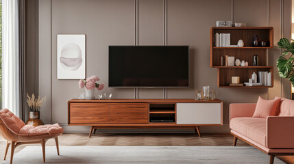 A mid-century modern living room featuring a wooden TV cabinet, a pink sofa on a wooden floor, and a white wall-mounted unit. 3D rendering
