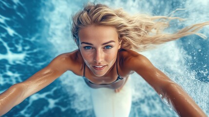 Surfing woman riding waves in the ocean with dynamic hair movement and captivating expression during sunny day