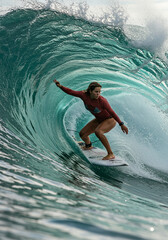 Dynamic and ultra-realistic AI-generated surf scene featuring a surfer riding a powerful wave, ocean spray, golden sunlight, and cinematic motion &ndash; high-quality action shot.