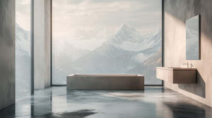 A minimalist bathroom interior with a concrete floor, gray and beige walls, a vanity cabinet, and a bathtub