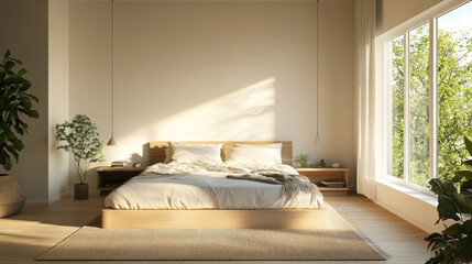 A minimalist bedroom with a light, airy design, featuring a double bed, a carpet, wooden flooring, and a large window with morning light streaming through
