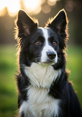 Fototapeta premium Ultra-realistic close-up of a Border Collie with erect ears, detailed fur texture, bright eyes, and soft bokeh background – cinematic and high-quality AI-generated image