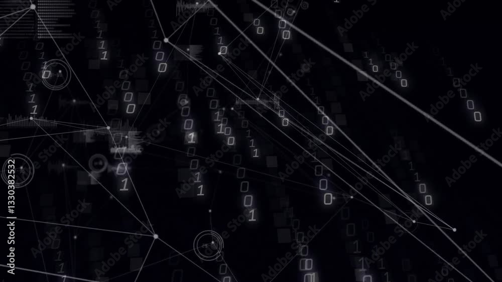 Poster binary code and network connections creating digital data processing animation