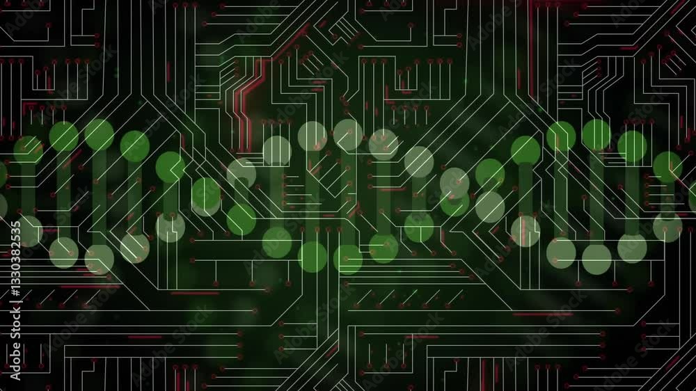 Poster green dots and lines forming abstract circuit board pattern design in animation
