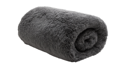 Soft gray blanket rolled up on a clean white surface, perfect for cozy evenings and warmth during chilly nights