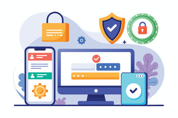 A digital setup showcasing customizable two-factor authentication on computer and mobile devices for security, Two factor authentication Customizable Semi Flat Illustration