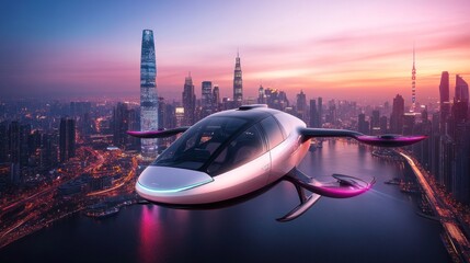 Autonomous aerial vehicle flying over futuristic city at sunset time
