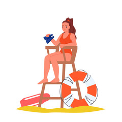 Female lifeguard sitting on wooden observation tower with lifebuoy to care and save drowning people. Young woman in red swimsuit holding binoculars to look at water cartoon vector illustration