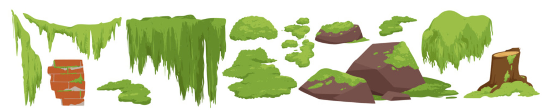 Green moss and lichen set. Swamp plant and liana hanging on forest tree branch, grass and oakmoss growth on brown stump and brick wall, mossy rocks and stones collection cartoon