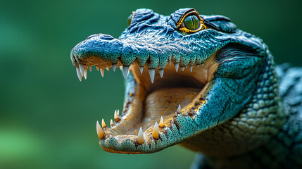 Fototapeta premium Blue crocodile with open jaw displaying sharp white teeth and yellow eye against green background. Extreme close-up of reptile predator showing detailed texture of scaly skin
