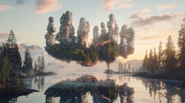 Floating island with futuristic structures surrounded by serene mountains and a reflective lake during sunset
