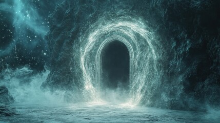 Mystical portal in a frozen cave, glowing energy aura, dark archway, ethereal light,  icy landscape,  otherworldly,  fantasy,  adventure,  secret,  hidden,