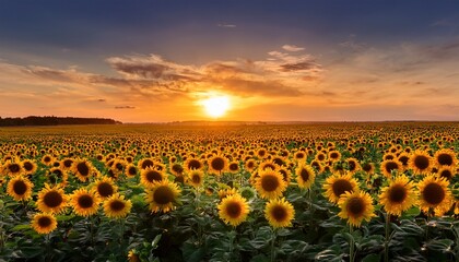 Fototapeta premium A vibrant sunflower field stretching endlessly, with each golden flower facing the setting sun, casting a warm glow over the landscape as the day transitions into evening. 