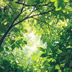 Obraz premium Verdant forest canopy with sunlight filtering through lush green leaves