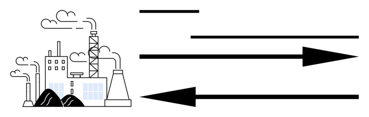 Factory with chimneys emitting smoke, surrounded by arrows symbolizing air pollution and environmental impact. Ideal for industry, pollution, environment, climate change, industrial processes