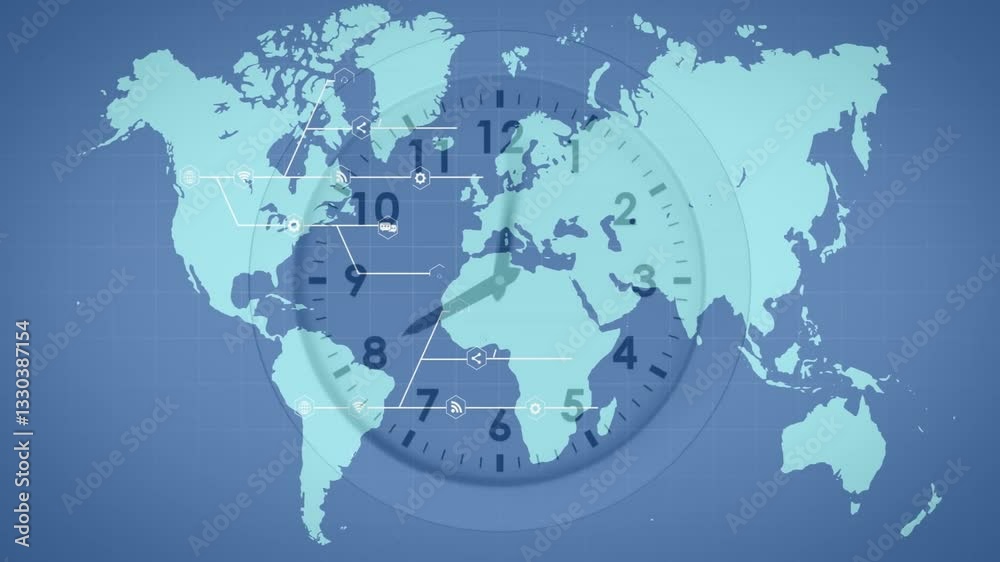 Poster animation of world map with clock face and network connections overlaying continents