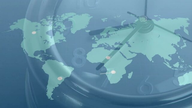 Animation of world map with clock hands indicating global time zones concept