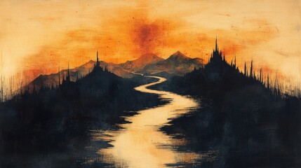 Epic, winding river through a dark, mountainous landscape at sunset.  Fiery, orange sky above.  Silhouette-like, gothic-inspired structures.