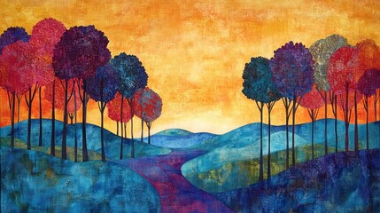 Colorful trees line a winding path through a vibrant landscape at sunrise.
