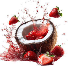 Fresh Coconut Watermelon and Strawberries Falling Into Coconut Isolated on Transparent Background