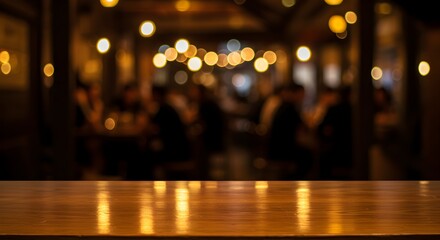 Empty wooden counter with blurred light background at night cafe