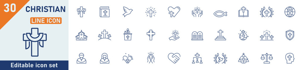 Christianity line icon set. Set of 30 outline icons related to Christian, cross, bible, dove, church, prayer and others. Editable stroke. Vector illustration.