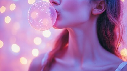 Close-up of a woman blowing a large pink bubble in a vibrant, lit setting.