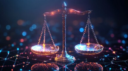 Digital scales of justice. Abstract illustration of legal balance with glowing particles.