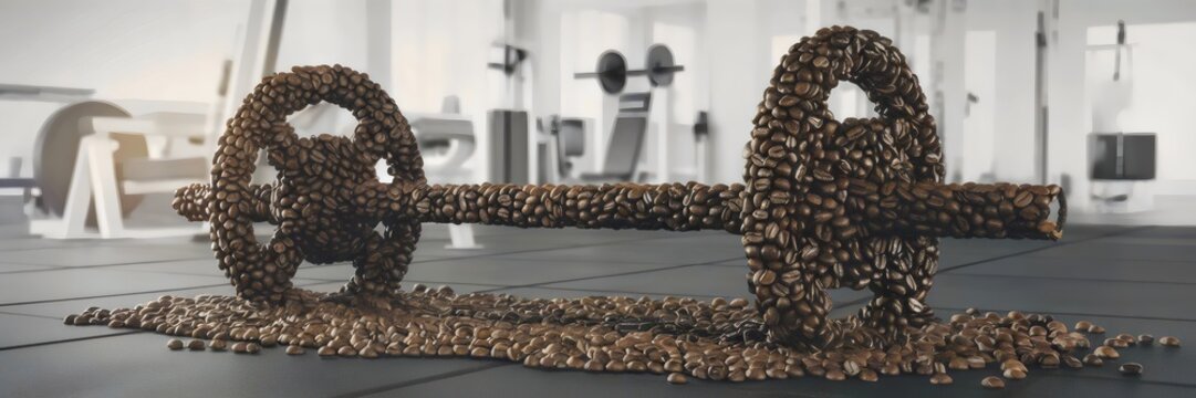 Barbell made of coffee beans resting on a gym floor – Great for fitness, health, or motivational content with a coffee theme.