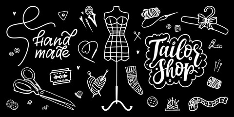 Handdrawn Sewing and Tailoring Elements Including Sewing Machine and Tools
Doodle illustration featuring various tailoring and sewing tools including a sewing machine, needles, spools, hangers etc