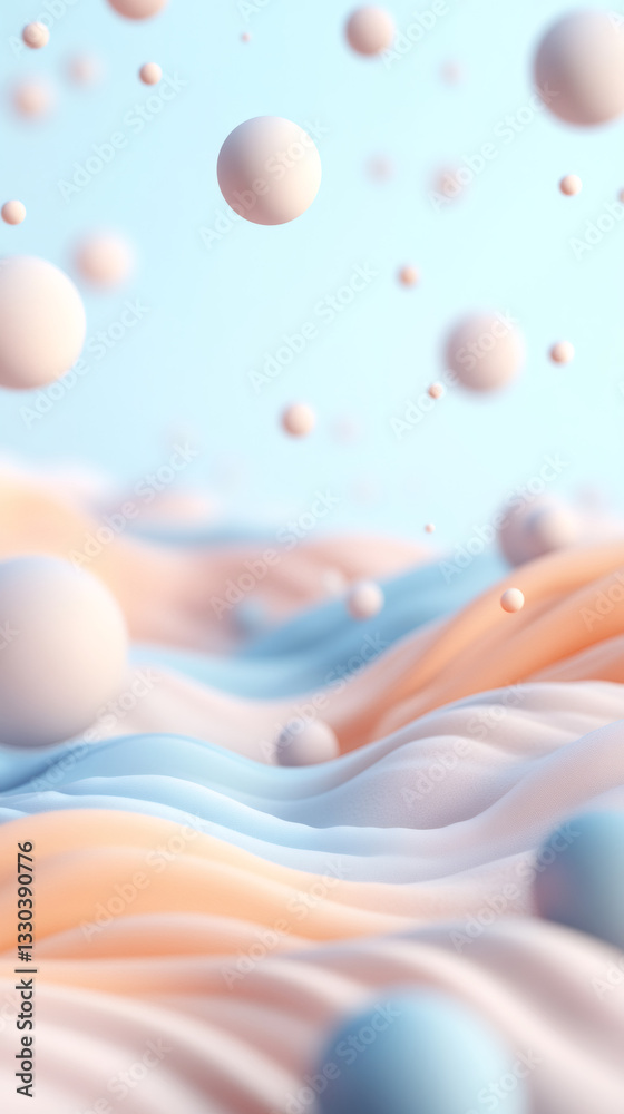 Aufkleber 3d render of pastel colored abstract waves with floating spheres, soft focus, dreamy background