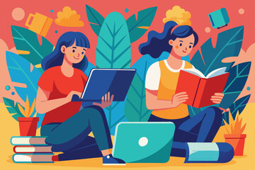 Two individuals enjoy reading books and working on laptops in a comfortable indoor space filled with greenery, two people reading books and using laptops