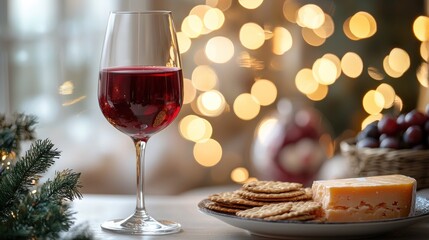 Festive Christmas dinner scene with red wine, crackers, cheese, and grapes.