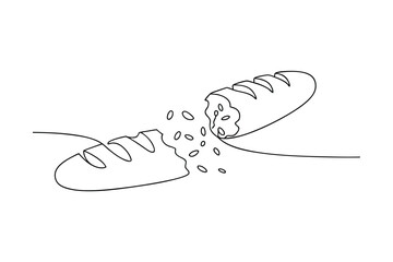 Single line drawing of a broken baguette, crumbs scattered