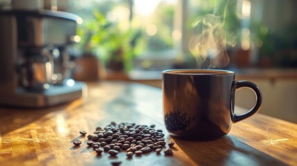 Morning coffee. Steam rising from a dark mug of coffee on a wooden table with coffee beans. Sunlight streaming in through a window. Kitchen appliance in the background.