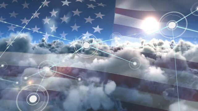 American flag with animation of digital network connections over clouds and sunlight - Powered by Adobe