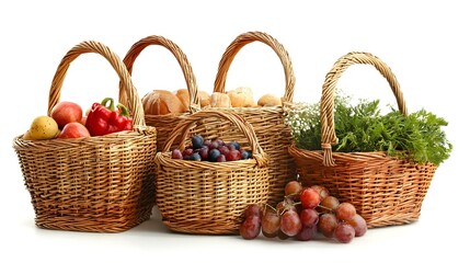 Set of wicker baskets for picnic on white