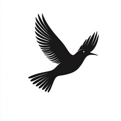 Obraz premium Bird illustration: a dark silhouette of a bird in flight against a white background with wings spread, shown in a minimalist style