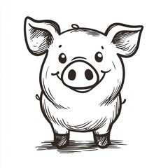 Fototapeta premium Pig illustration: cartoon piglet standing with a smile in a black and white sketch style