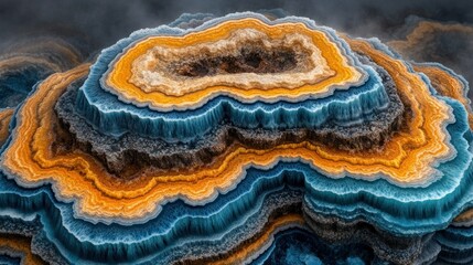 Layered abstract landscape in teal, gold, and brown hues